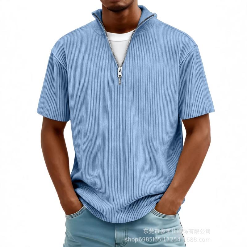 Summer New Men's Solid Color Zipper Striped Casual Short Sleeve T-Shirt