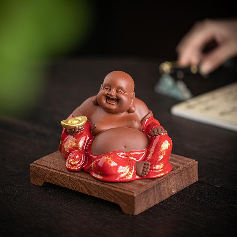 Chinese Zen Purple Clay Fortune Big Belly Maitreya Buddha Smiling Living Room Office Porch Desktop FENG SHUI Statue Decoration