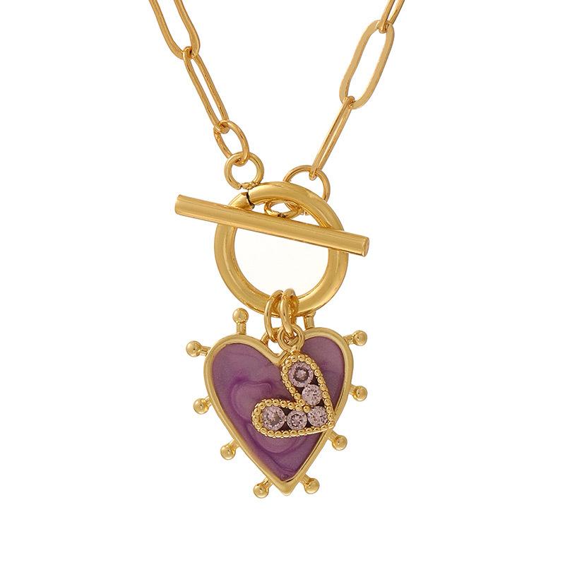 Women's Trendy Copper Inlaid Zircon Heart Pendant Chain Necklace with Ot Buckle