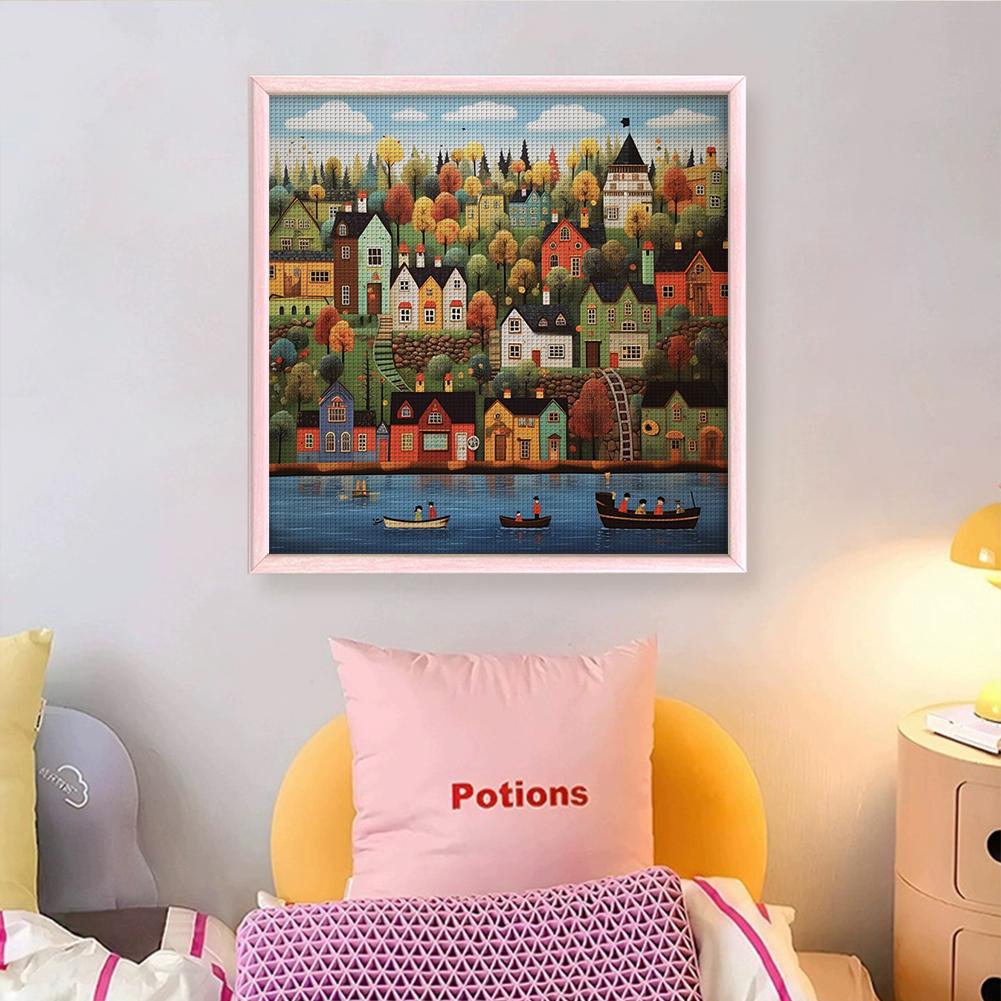 Colorful Houses 14CT 2 Strands DIY Counted Cross Stitch Kits for Beginners Adults Home Decor Needlework Embroidery Kit 50x50cm