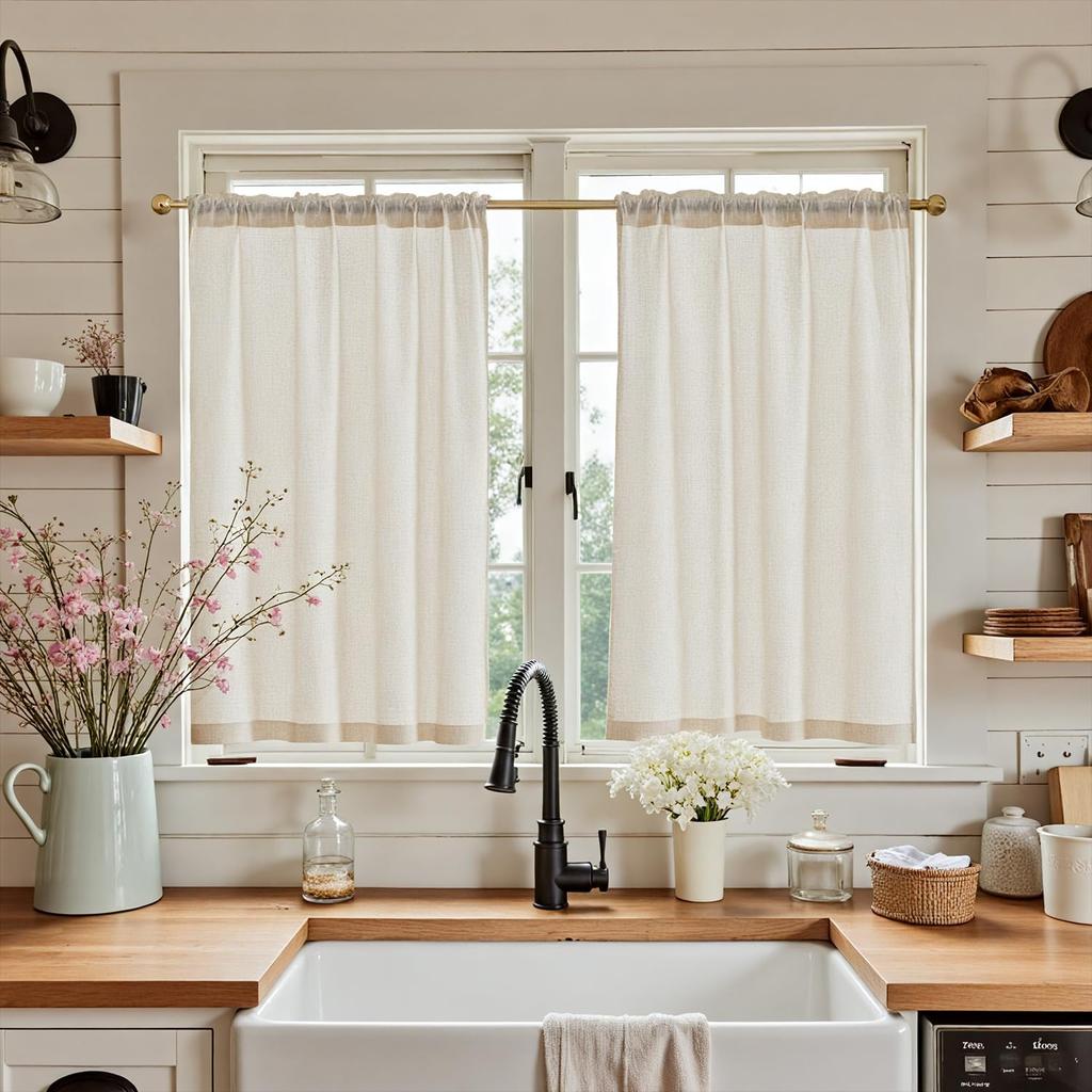 Beige Linen Kitchen Curtains 36 Inch Tier Curtains Farmhouse Cafe Light Filtering Small Window Drapes Flax Country Rustic Rod Pocket