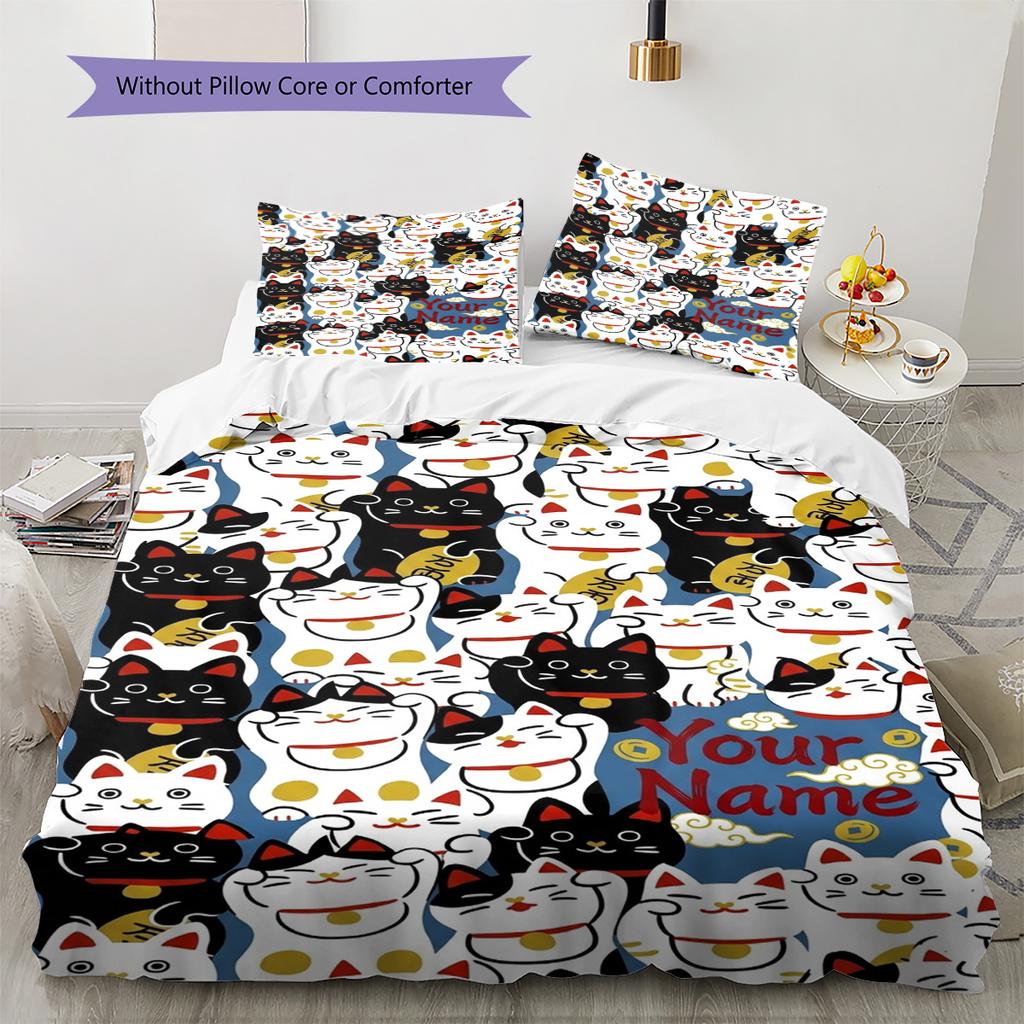 Name Custom Maneki-Neko Pattern Bedding Set Quilt Cover Pillowcase Home Decor Gift (1 * duvet cover + 2 * pillowcase, without core)