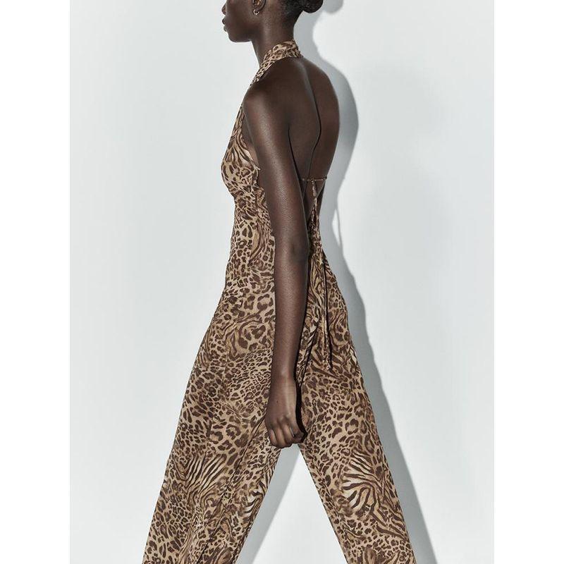 Summer New Product Women's Clothes Open Back Design Animal Pattern Print Silk Net Hanging Collar Long Conjoined Trousers 5039149