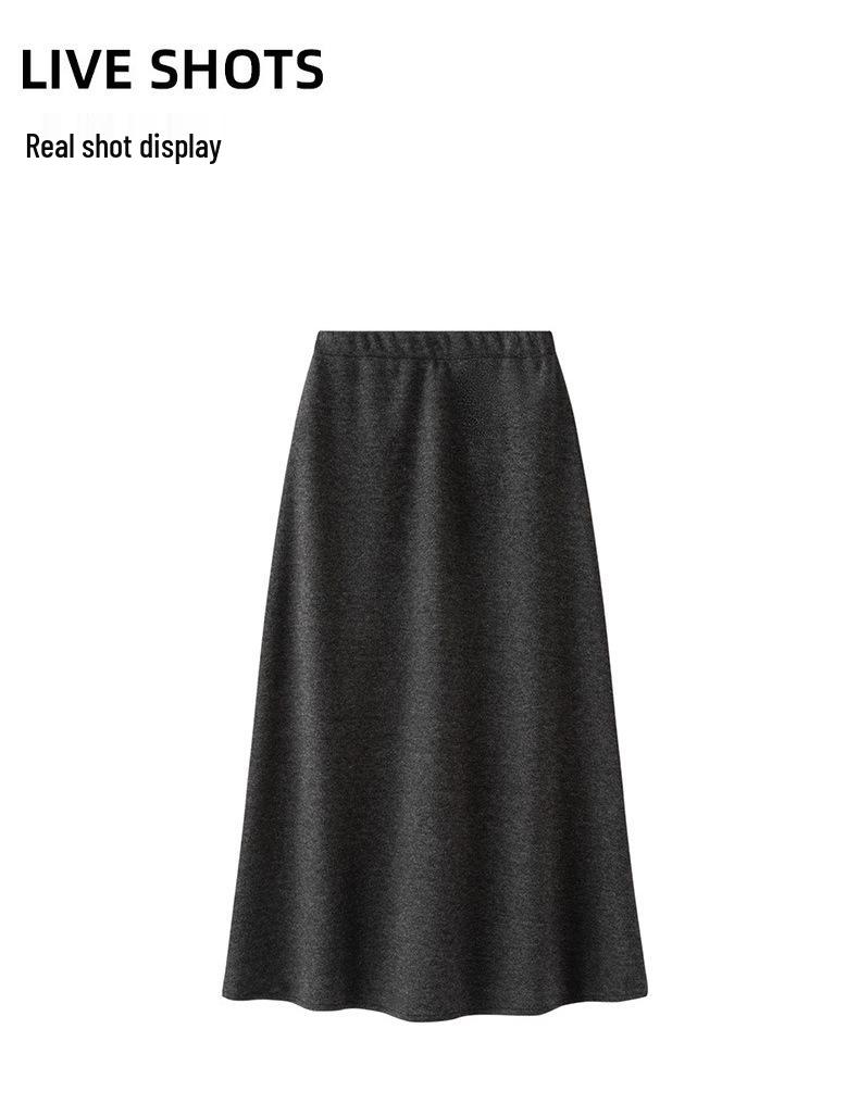 Spring 26 High-End Gray Wool Midi Skirt: High-Waisted, Draped, Elastic Knit Base