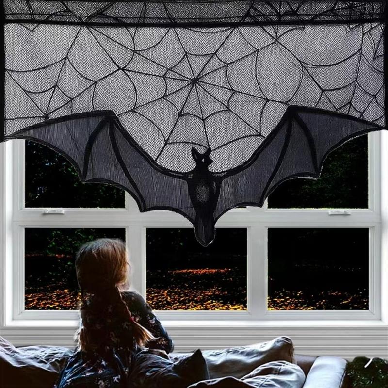 Spooky Black Lace Spiders Webs Mantel Scarf with Bat Lace Oven Cloth for Halloween Party Decoration
