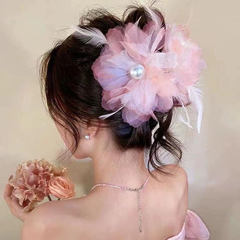 2025 Mesh Flower Shark Hair Clip: Elegant High-End Claw Hairpin for Women