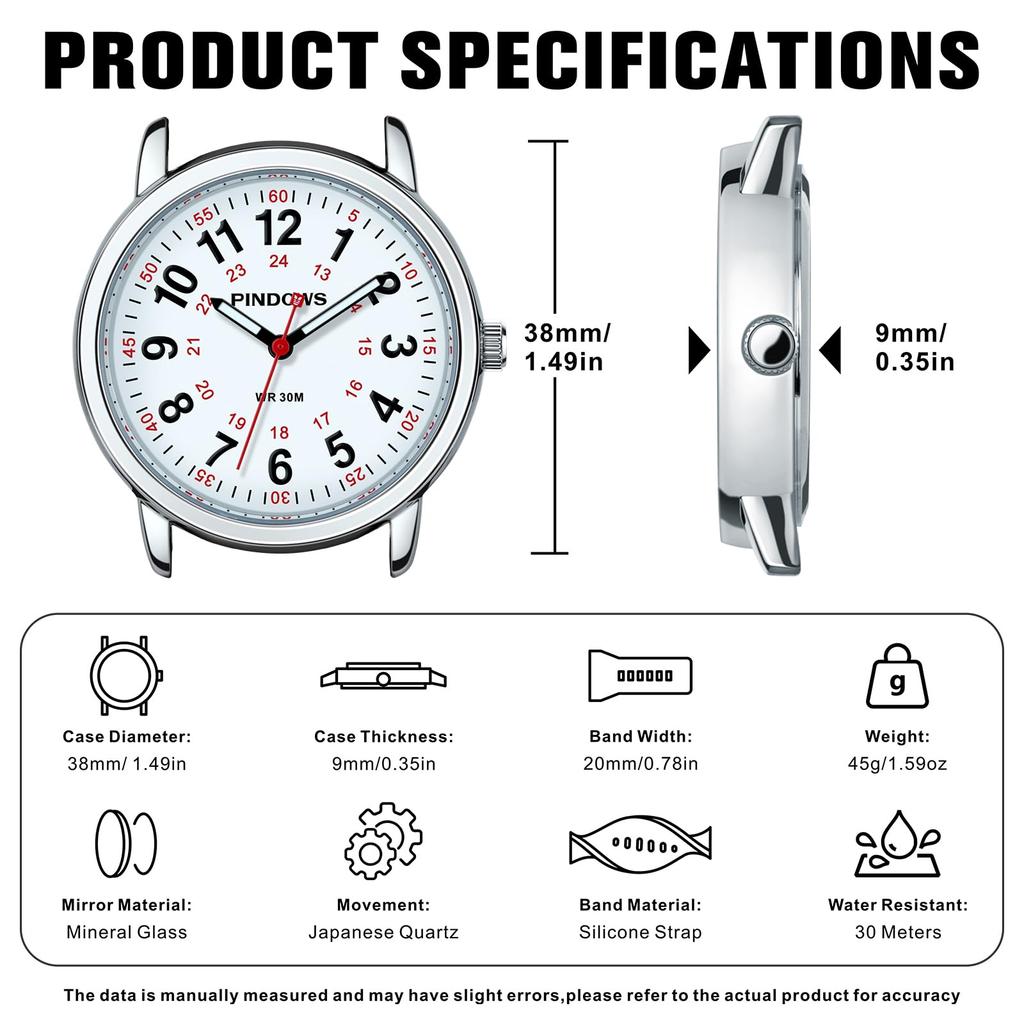 PINDOWS Analog Quartz Watch with Silicone Highly Luminous Dial for Easy Perfect for Younger Generation and Students Women's Band, Visible, Waterproof,