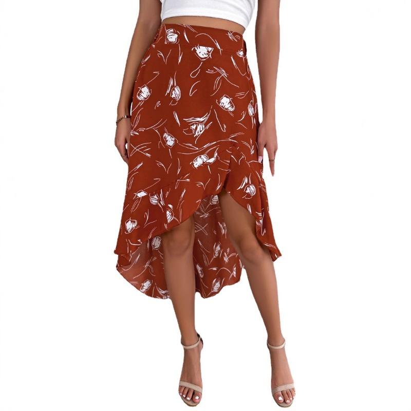 Women's Spring Summer Leisure Flower Asymmetrical Flounces Mid-length Skirt