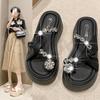 French Beautiful Slippers Women's Summer Wear Fashion 2025 New Feeling Rhinestone Cover Toe Pinch Thick Bottom Sandals