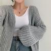 Damen Strickpullover V-Ausschnitt Locker Lässig Einfarbig Laternenärmel Strick-Cardigan