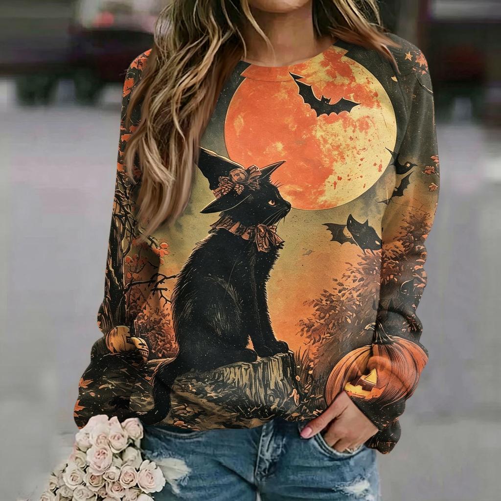 Women's Casual Halloween Print Raglan Long Sleeve Neck Sweatshirt Top