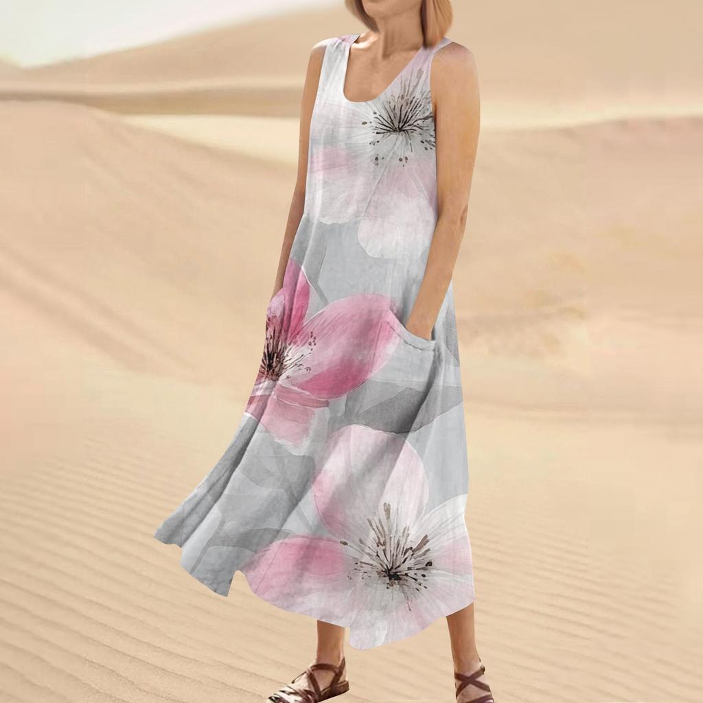 Women's Summer Casual Fashion Flower Printed Sleeveless Round Neck Pocket Dress