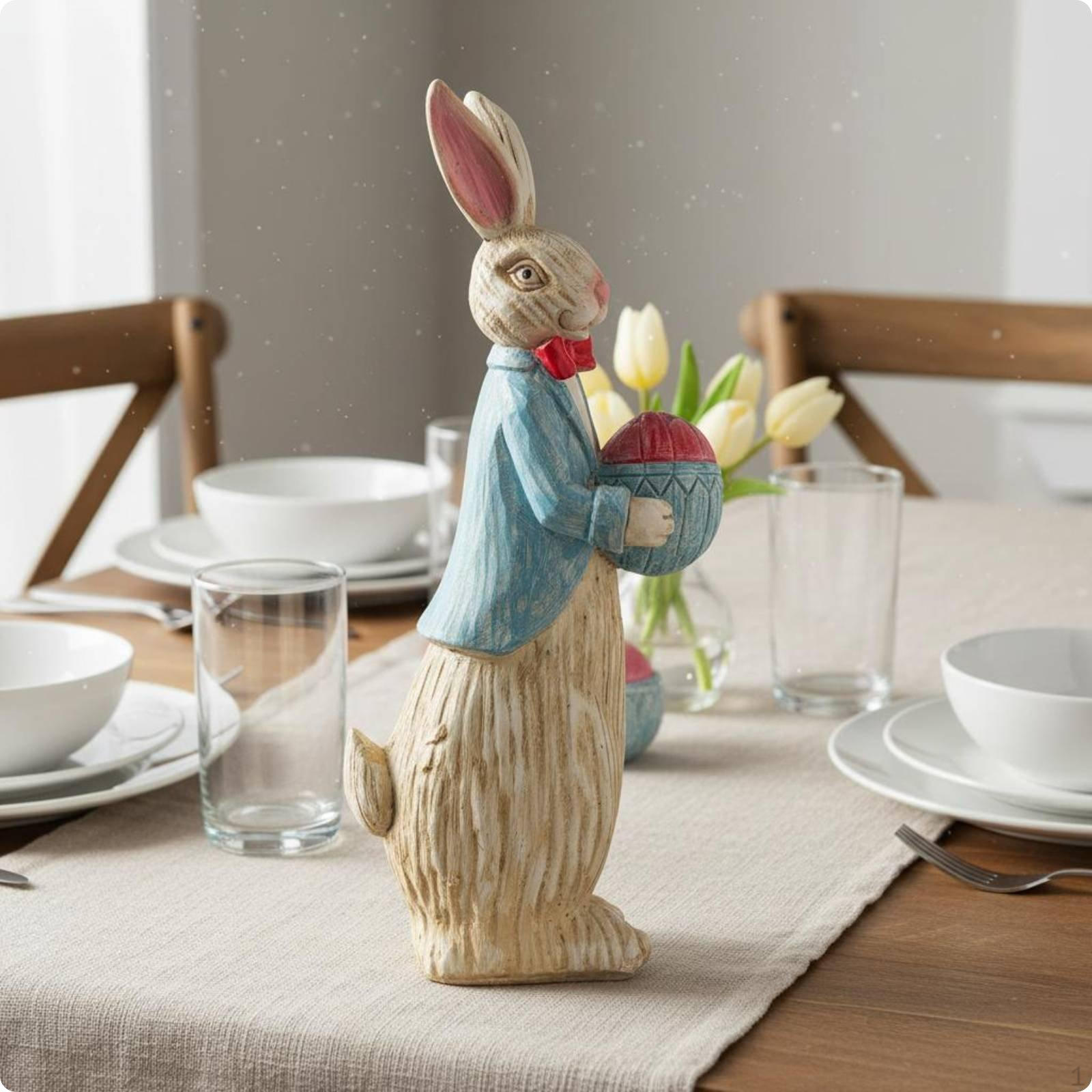 Easter Bunny Figurine Antique Finish Resin Hare Statue Rustic Vintage Ornament for Tabletop, 9CM