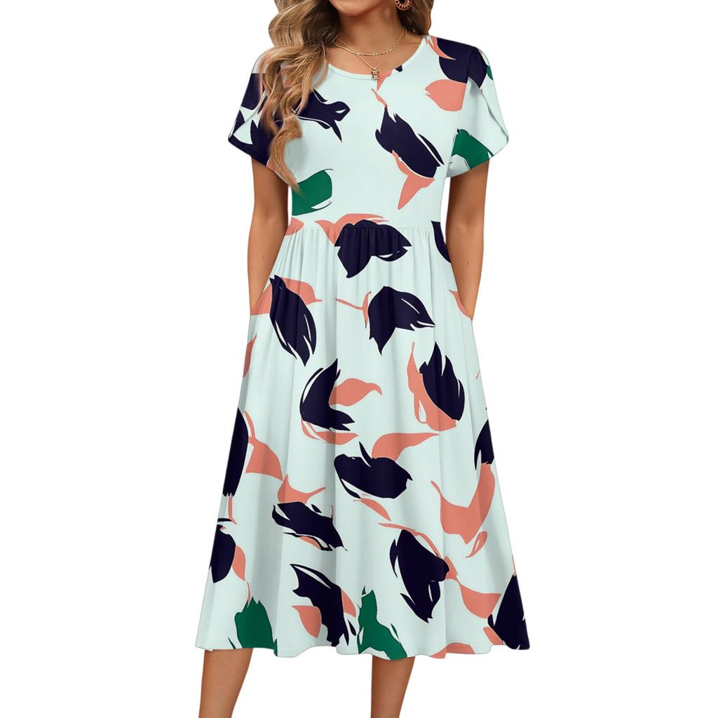 Damenmode Sommer Rundhals Kurzarm Blumendruck Strandkleider