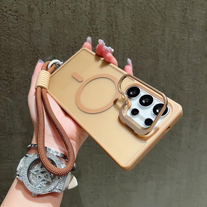 Metal Lens Holder Case For Samsung Galaxy S25 Ultra S23 S24 FE A56 A36 A16 Frosted Magnetic Wireless Charging Wrist Strap Cover