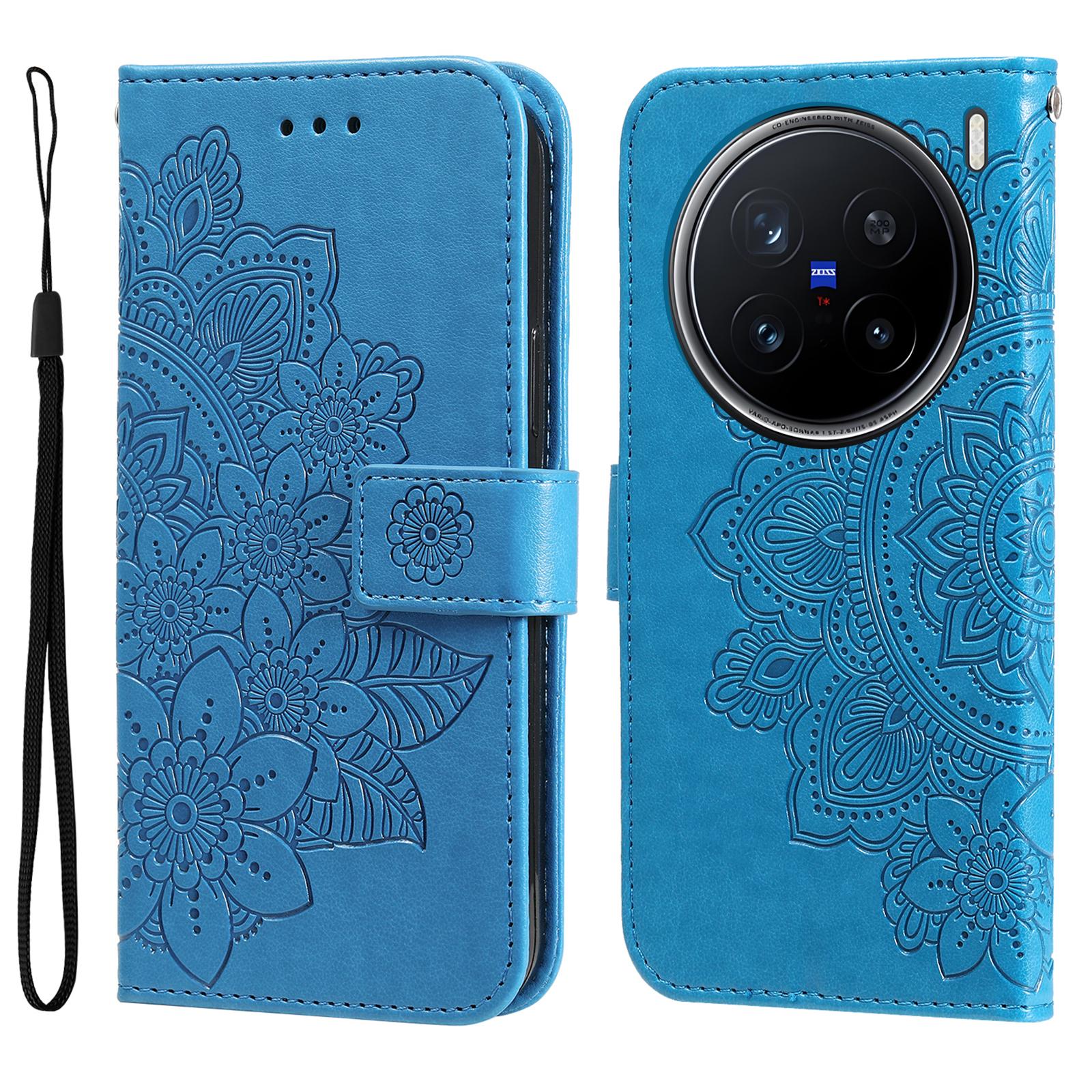 

For vivo X200 Pro 5G Case Floral Pattern PU Leather Wallet Stand Phone Cover Blue