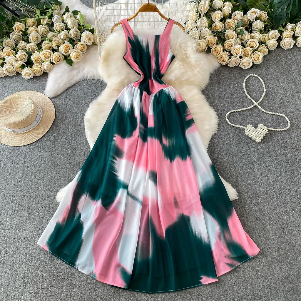 Charming and Elegant Vacation-Style Square-Neck Spaghetti-Strap Dress for Women Summer Dopamine Print A-Line Maxi Dress