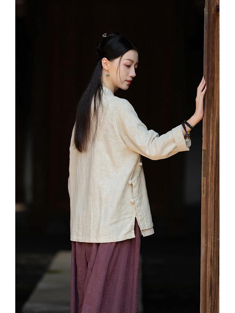 New Women's Cotton Linen Retro Stand Collar Shirt with Frog Buttons