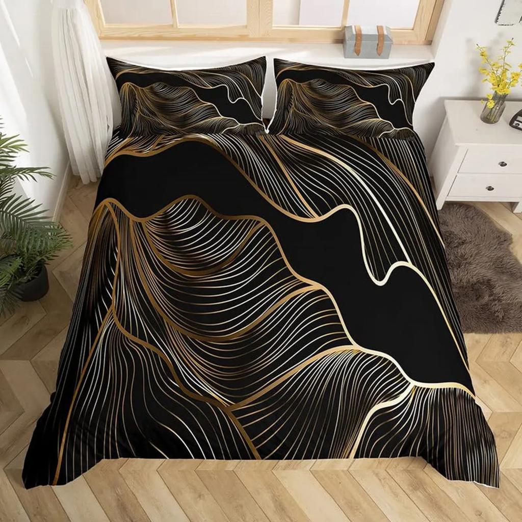 Bondgårdsstil King Queen Abstrakt Landskap Påslakan Mikrofiber Mellankrigstida Svart och Guld Quiltöverdrag Sovrumsdekorationer