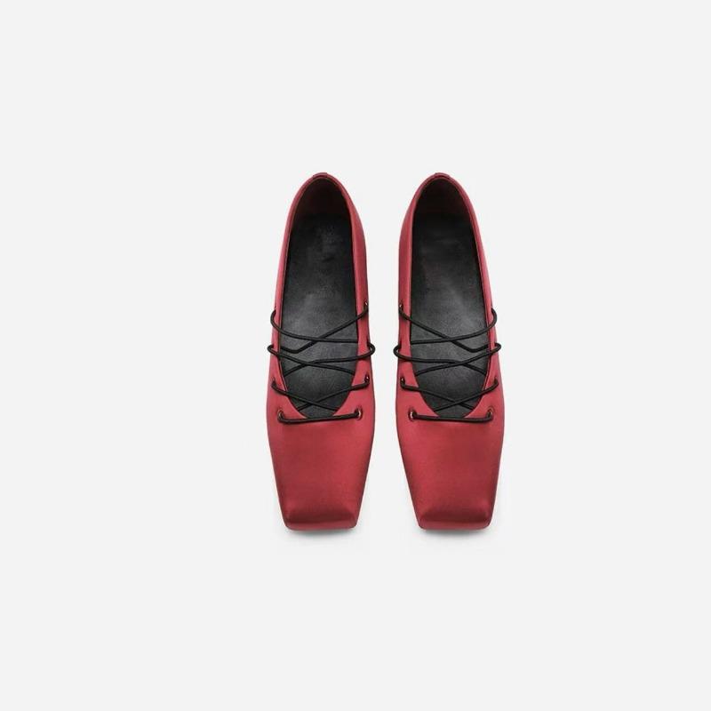 

Satin Mary Jane shoes spring and summer new square head lace-up ballet shoes women s versatile flat-bottomed shallow mouth single shoes 40 червоний