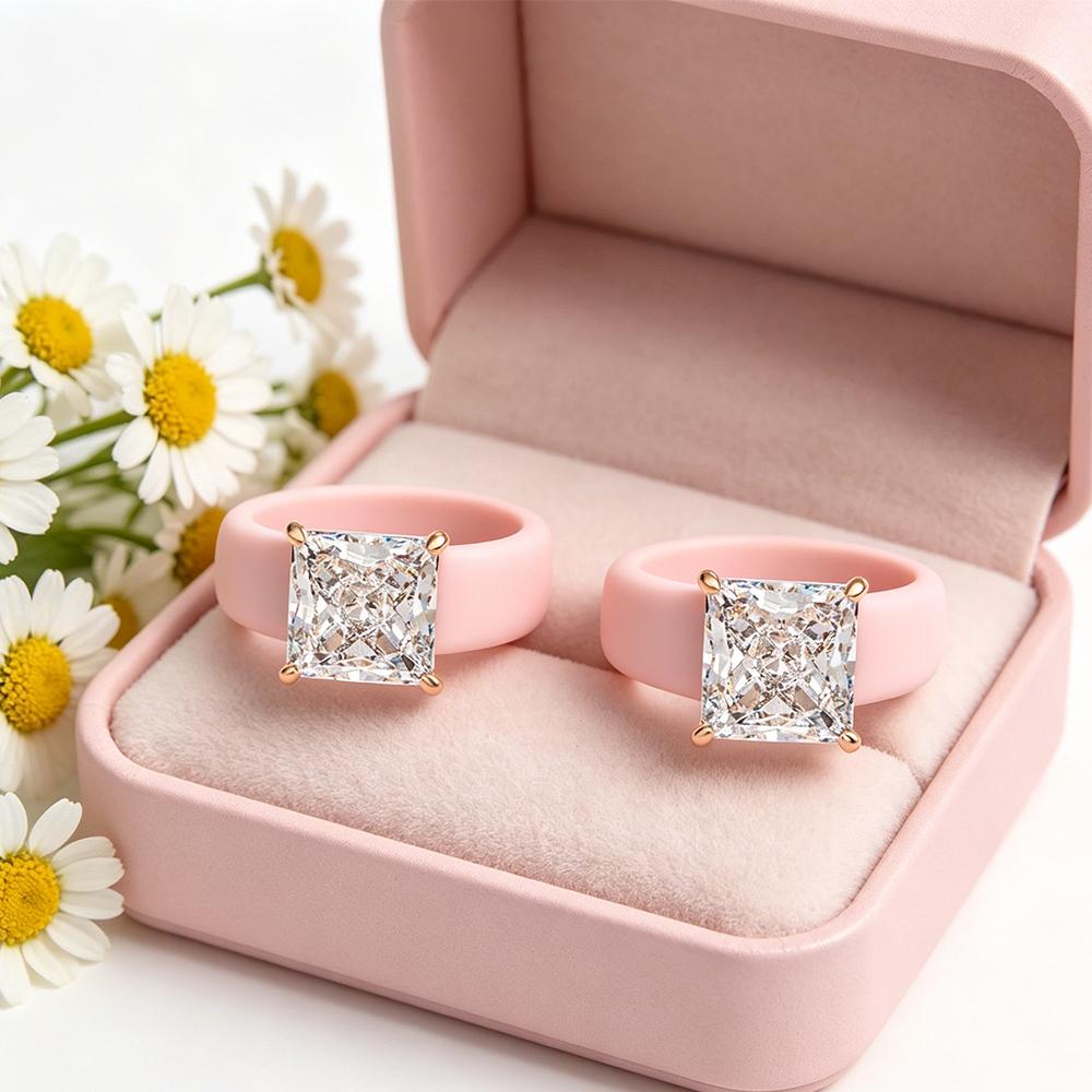 s/Set Rosa Silikonring mit quadratischem Zirkon Roségold-beschichtet Krappenfassung Verlobungsring für Damen Stapelbar Komfort Passform Wir 8