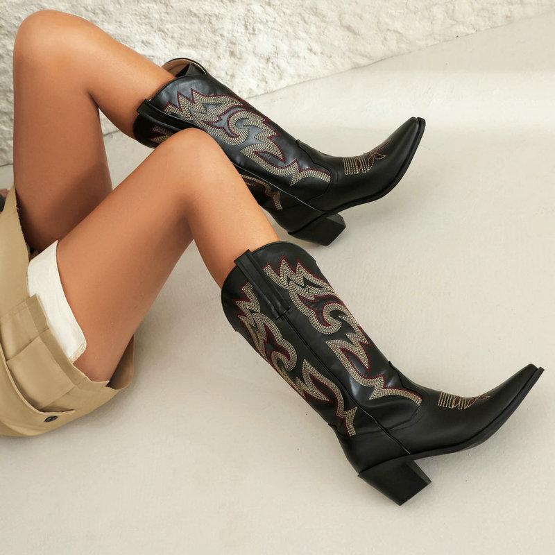 IPPEUM Western Cowboy Boots For Women Red Knee High Wide Calf Cowgirl Boots Embroidered White Pointed Toe Chunky Heel Shoes
