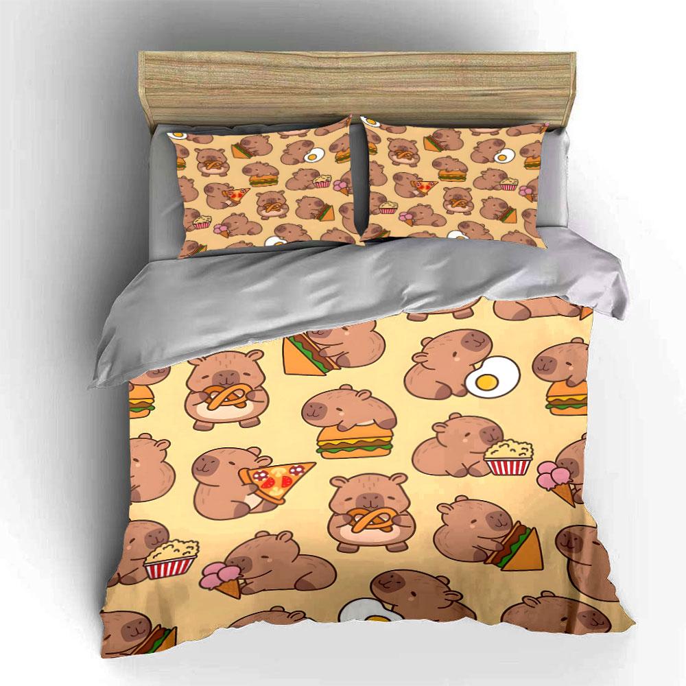 Capybaras eating various foods. Bedding sets Duvet cover sets Duvet covers Pillowcases(1 * Duvet Cover 2 * Pillowcases without duvet insert)