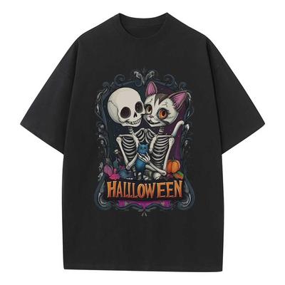 Camiseta Larga Algodão Camisetas Gráficas Roupas de Designer Halloween Esqueleto Gato Ombro Caído Vintage Tops Camisetas Oversize