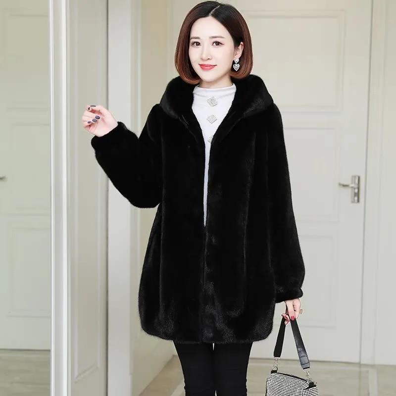 Women's Imitation Mink Fleece Fur Coat Hooded Mid-length Thick Mink Coat Loose