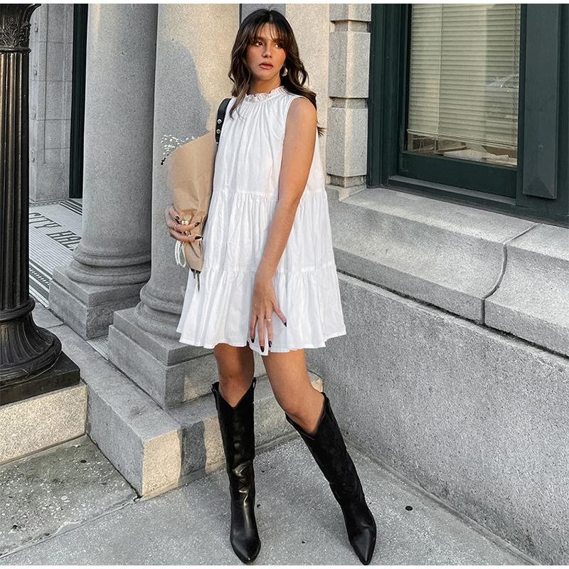 Elegant Ruffles Short A-line Dress Women Lace Up O-neck Sleeveless Vacation Dresses  Lady White Party Dress