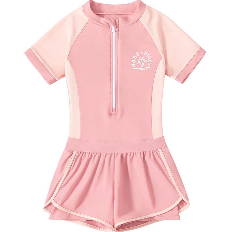 Guirenniao Girls' Sun Protection One-Piece Swimsuit Set, Quick-Drying, Medium & Large Sizes.