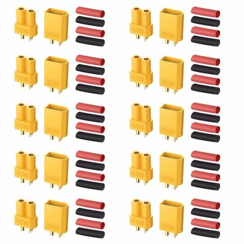 AUTOUTLET XT30 Connectors, 20PCS, 10 Pairs, Male & Female XT30 Connector Plugs with Heat Shrink Tubing for RC Cars, Boats, and LiPo Batteries