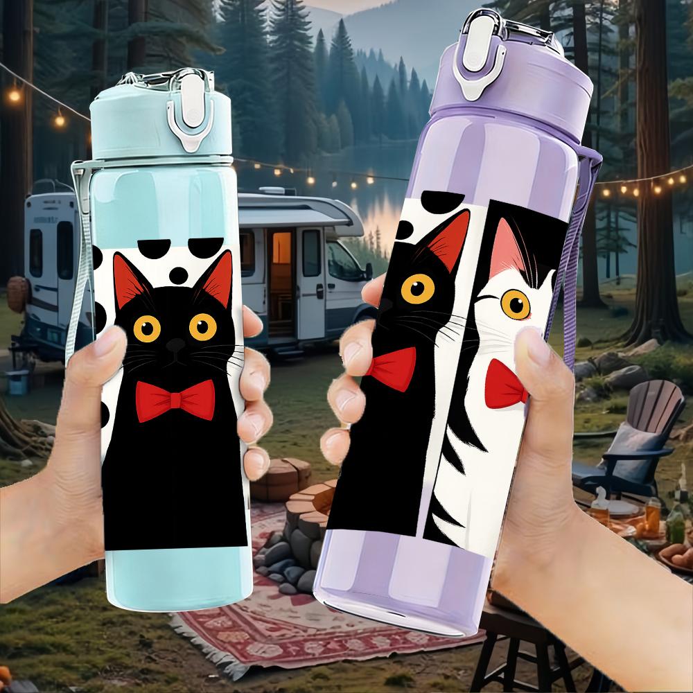 1PC Two Cats Bow Tie Bust 750ml Color Plastic Sports Water Bottle Leakproof Flip Straw Lid For Sports Office Home Use