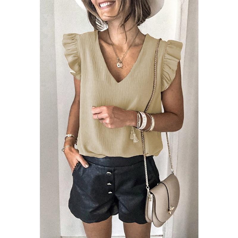 Women European Casual Solid V Neck Sleeveless Ruffle Pullover T Shirt Top