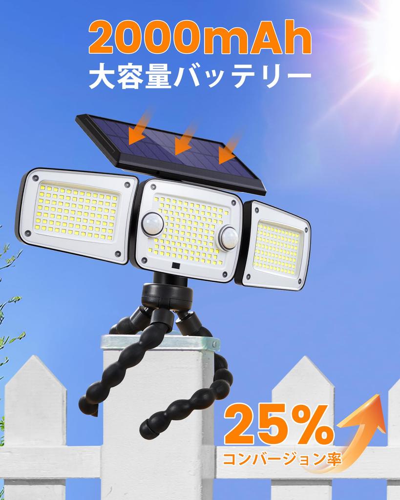 LIFENGSOLER 262 LED Solarleuchte, Außenbereich, IP65 Wasserdicht, 3-seitige Beleuchtung, 2 Bewegungssensoren, Verstellbarer Winkel & Flexibles Stativ im Lieferumfang enthalten,