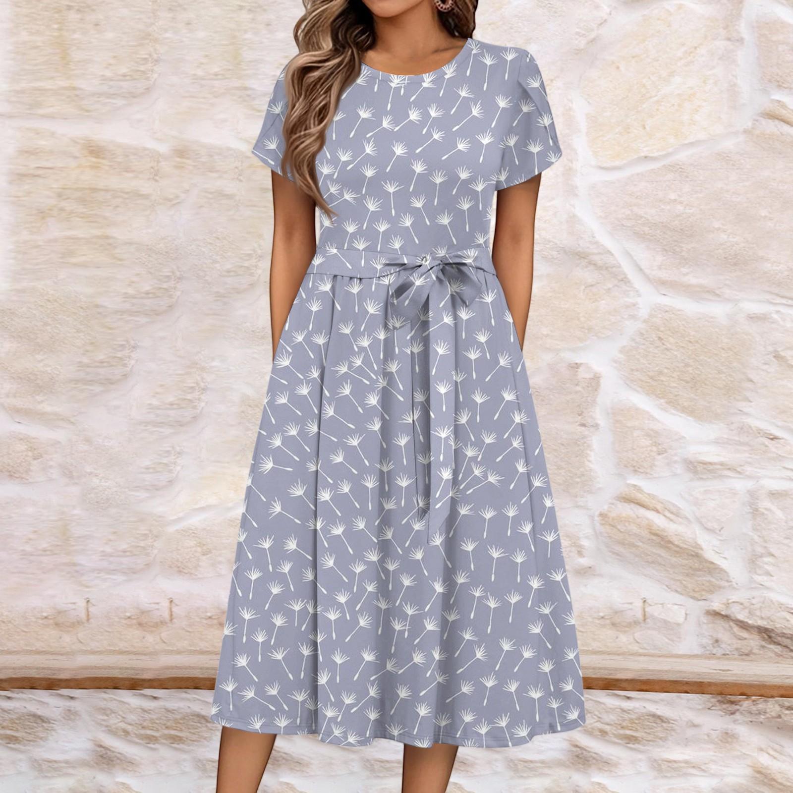 

Women s Summer Casual Floral Print Round Neck Midi Dress Basic Classic Outdoor Everyday Short Sleeve Loose Dress XL фіолетовий