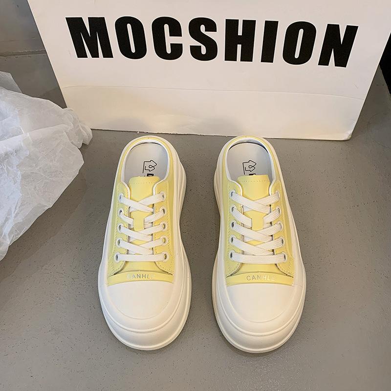 Muffin Thick-soled Heightening Women's Shoes Soft Leather Bag Head Half Slippers Outer Wear 2025 Spring and Summer New Little White Shoes Board Shoes