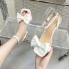 Fashion 2025  New Summer Women's High-heeled Sandals Open Toe Square Toe Buckle with Bow Decorative Buckle Solid Color Temperament