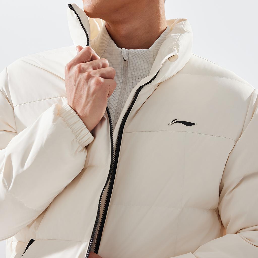 Li-Ning Water-Resistant Solid Color Stand Collar Zipper Comfortable Casual Versatile Short Winter Down Jacket Men Jacket Off-White AYMU097-2