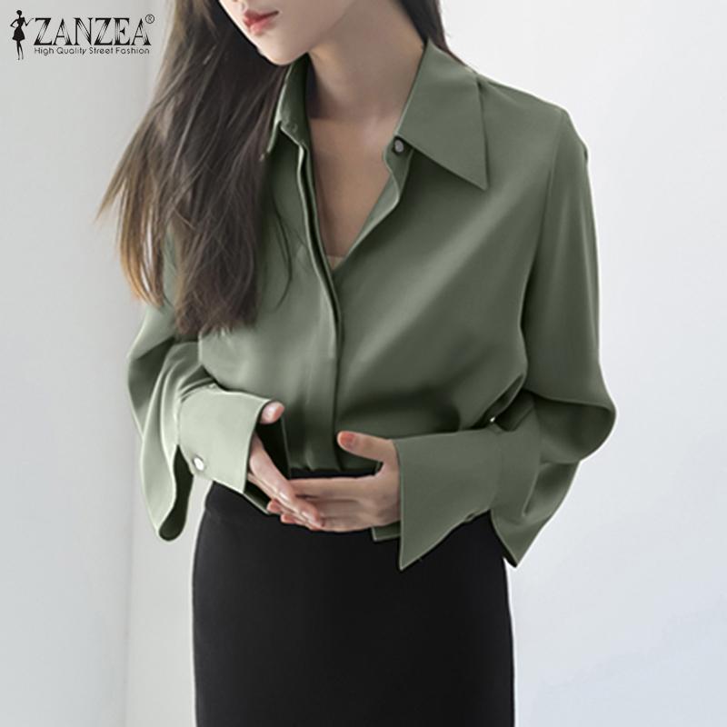 

ZANZEA Женская атласная блузка с отложным воротником и длинными рукавами