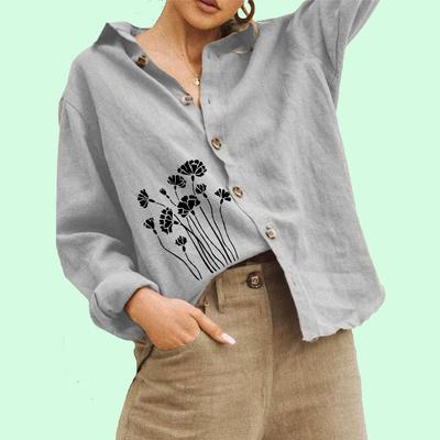 Women Fashion Flower Print Blouse Ladies Casual Long SleeveTop Buttoned Cotton Linen Shirt
