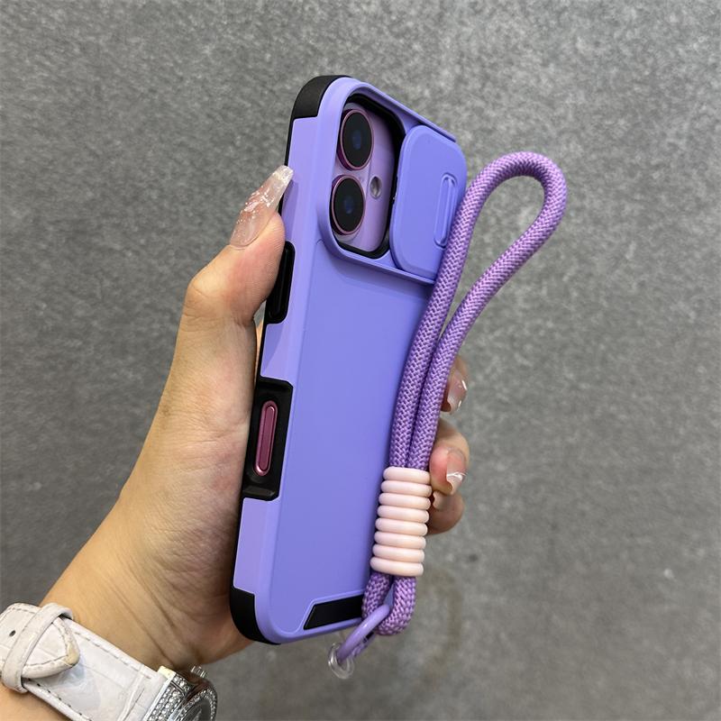 Slide Camera Lens Protection Wrist Strap Cord Case For iPhone 17 11 12 13 14 15 16 Pro Max Plus Shockproof Bumper Armor Cove