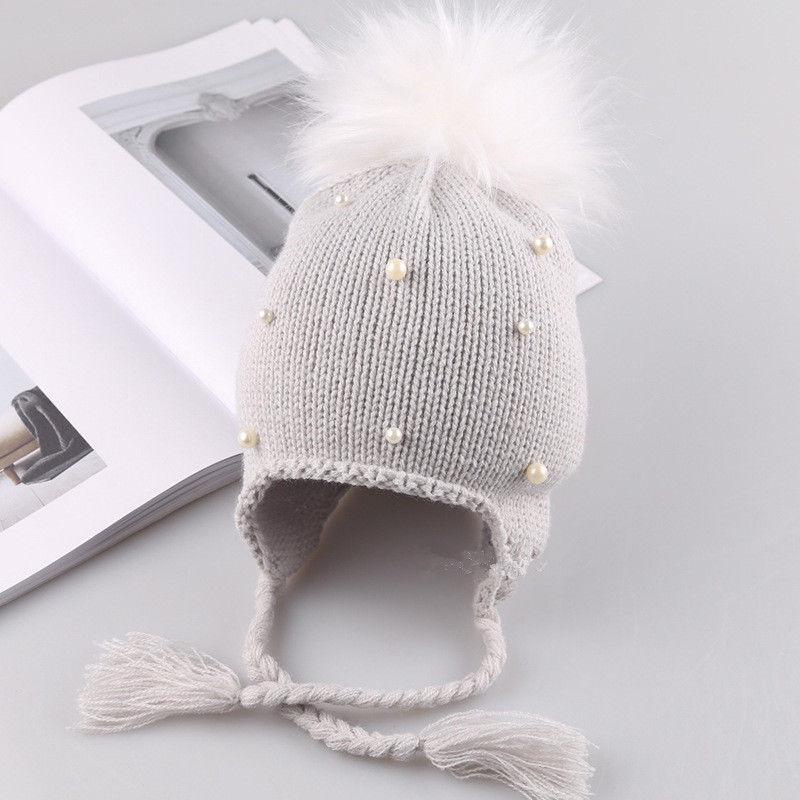 Winter Warm Newborn Infant Kids Hats Baby Girls Hats Hair Ball Earbud Pearl Crochet Hats Boys Warm Knit Caps For Girls Hats