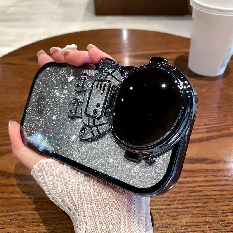 

Блестящий чехол Spaceman для iPhone 14 Pro Max Противоударный чехол Защита от падений Гальванизированный ТПУ чехол для телефона с защитой объектива Подставка Black