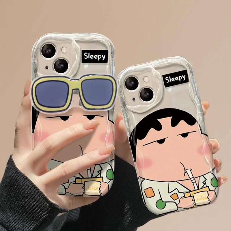 

C-Crayon S-ShinChan Glasses Support Wave Case for iPhone 16 15 14 11 Pro Max 13 12 Mini XR XS X 8 7 Plus SE 2020 Silicone Cover For iPhone 13