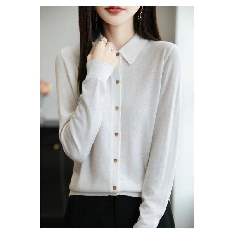 French POLO Collar Knitted Cardigan Feminine Long-sleeved Lapel Shirt Versatile Base Layer Top