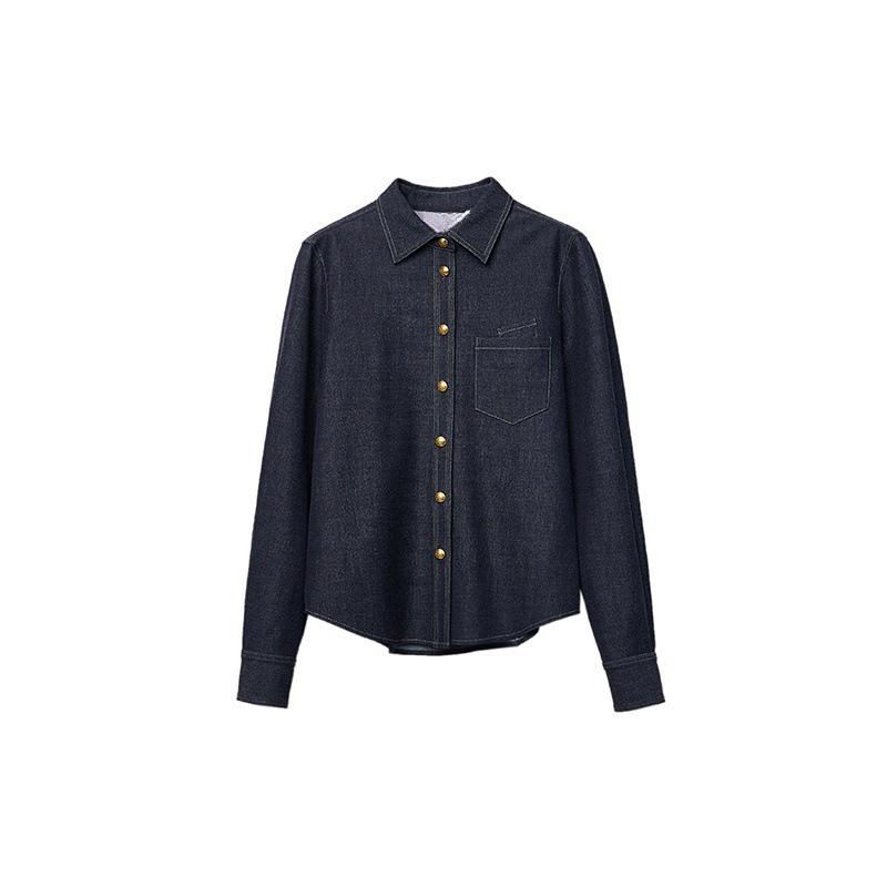 

Three-Season, No-Iron TR Soft Denim Shirt with Retro Contrast Stitching Small синьо сірого кольору