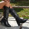 Mode Herbst und Winter Hochhackige Mid-Calf Stiefel für Damen Mode Spitz Zehen Blockabsatz Stickerei Western Cowboy Stiefel Botas Mujer