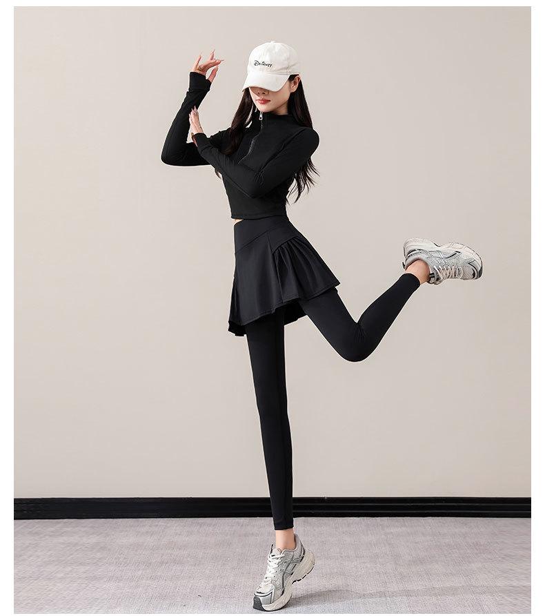 Women's Autumn/Winter 2025 Casual Tennis & Badminton Set with Long Sleeve Top, Yoga Skirt, and Pants.