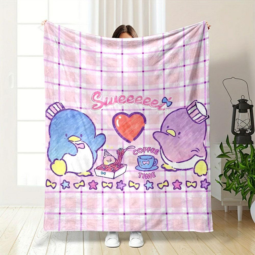 Cute penguins enjoying a meal with a heart motif and pastel checkered backdrop. for all seasons blanket lunch break throw gift